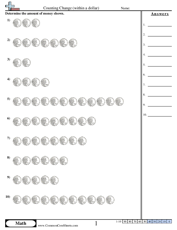 Counting Change (within a dollar) worksheet